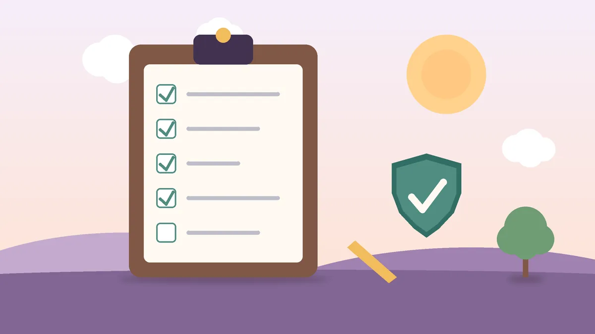 Checklist com escudo, mostrando o que conferir antes de pedir um cartão sem anuidade