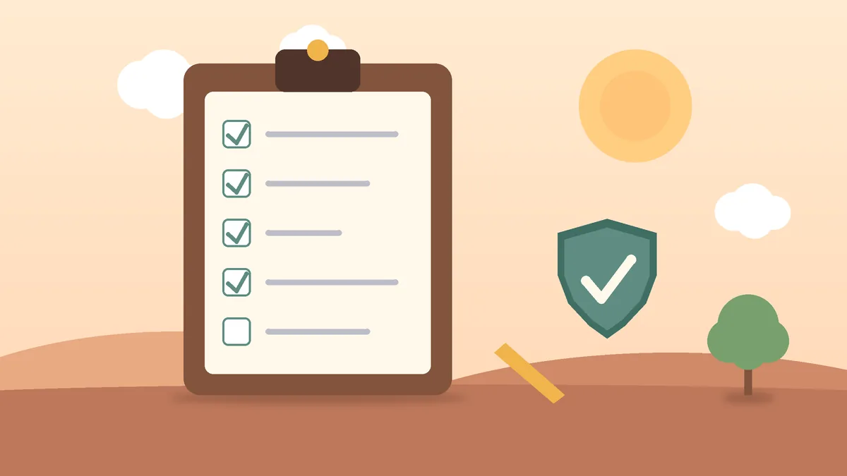 Prancheta com checklist e escudo, simbolizando o cuidado antes de contratar um consórcio