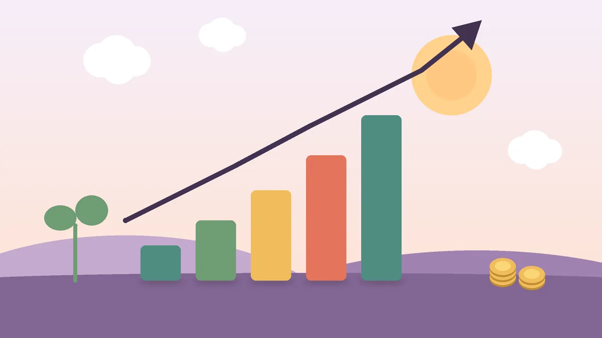 Gráfico de barras com oscilação e moedas, ilustrando a variação dos fundos imobiliários