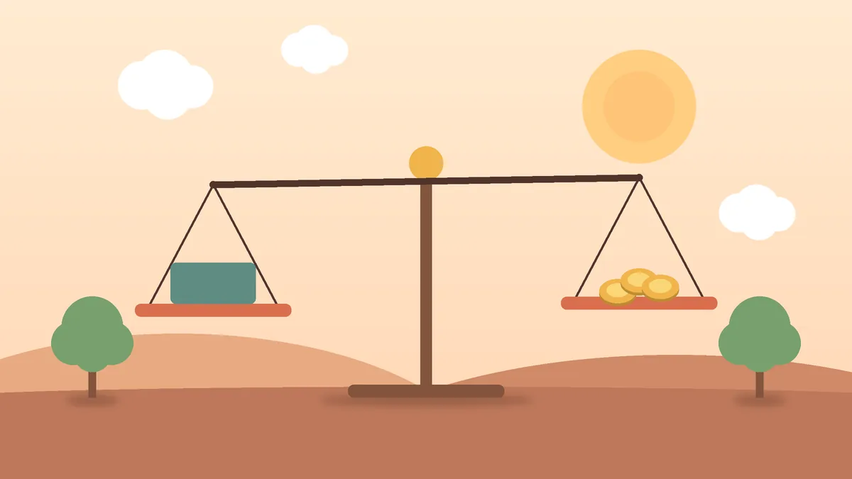 Balança com cartão e moedas, simbolizando o equilíbrio entre necessidades e desejos