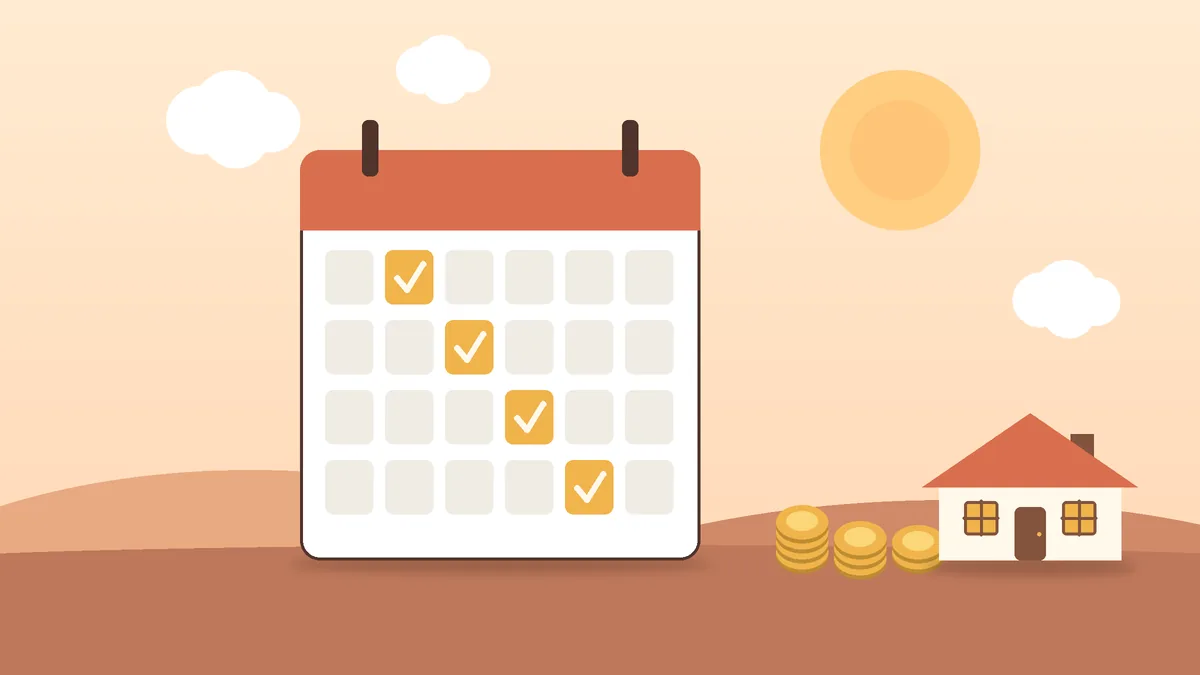 Calendário com meses marcados, mostrando metas financeiras de curto, médio e longo prazo