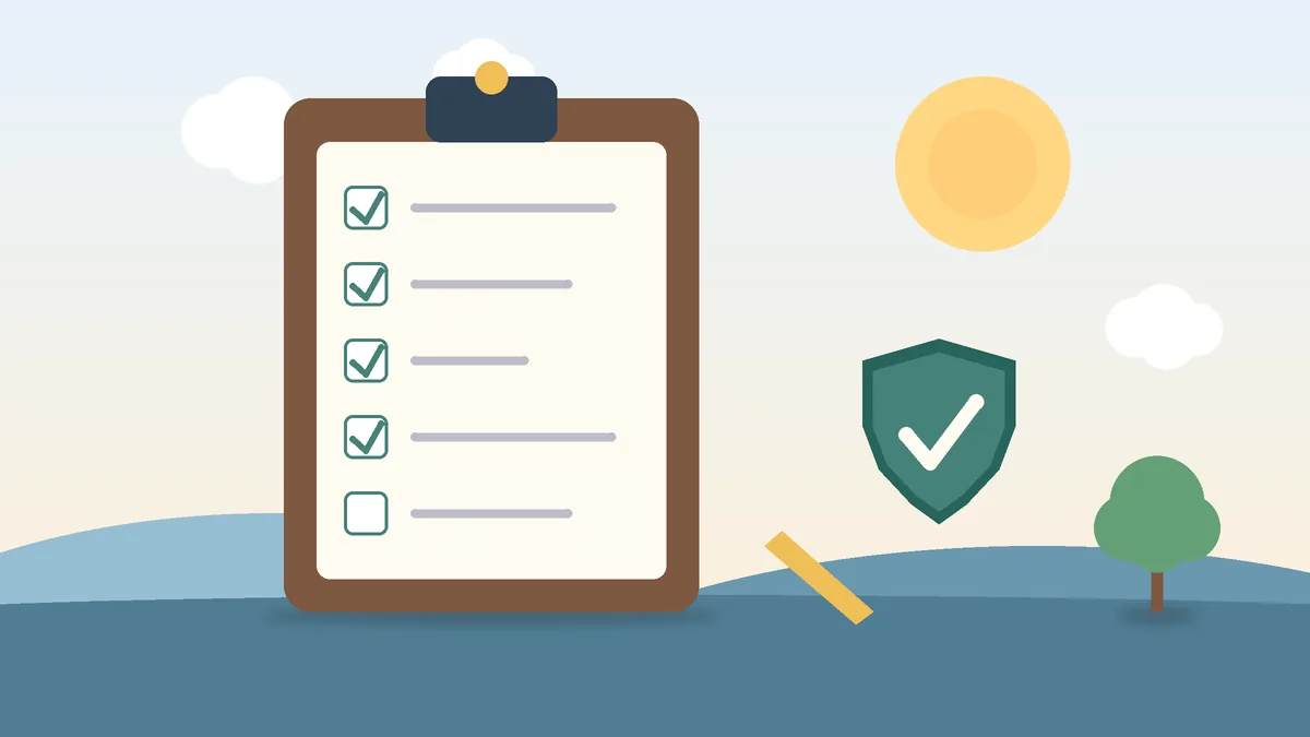 Checklist e escudo, mostrando o que conferir antes de contratar seguro viagem